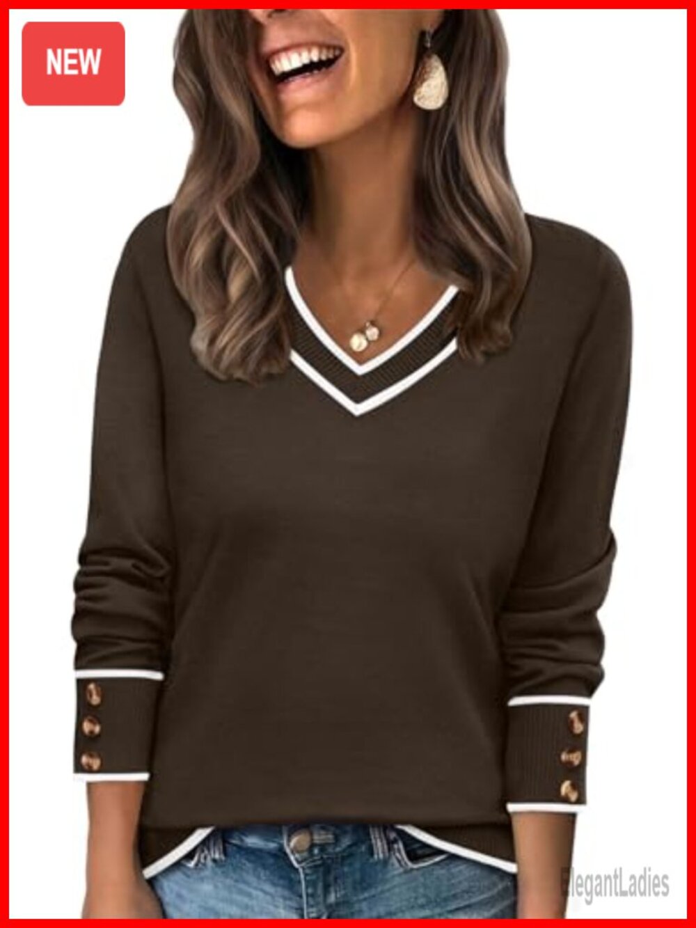 Wide V-Neck Knit Sweater with Decorative Button Cuffs